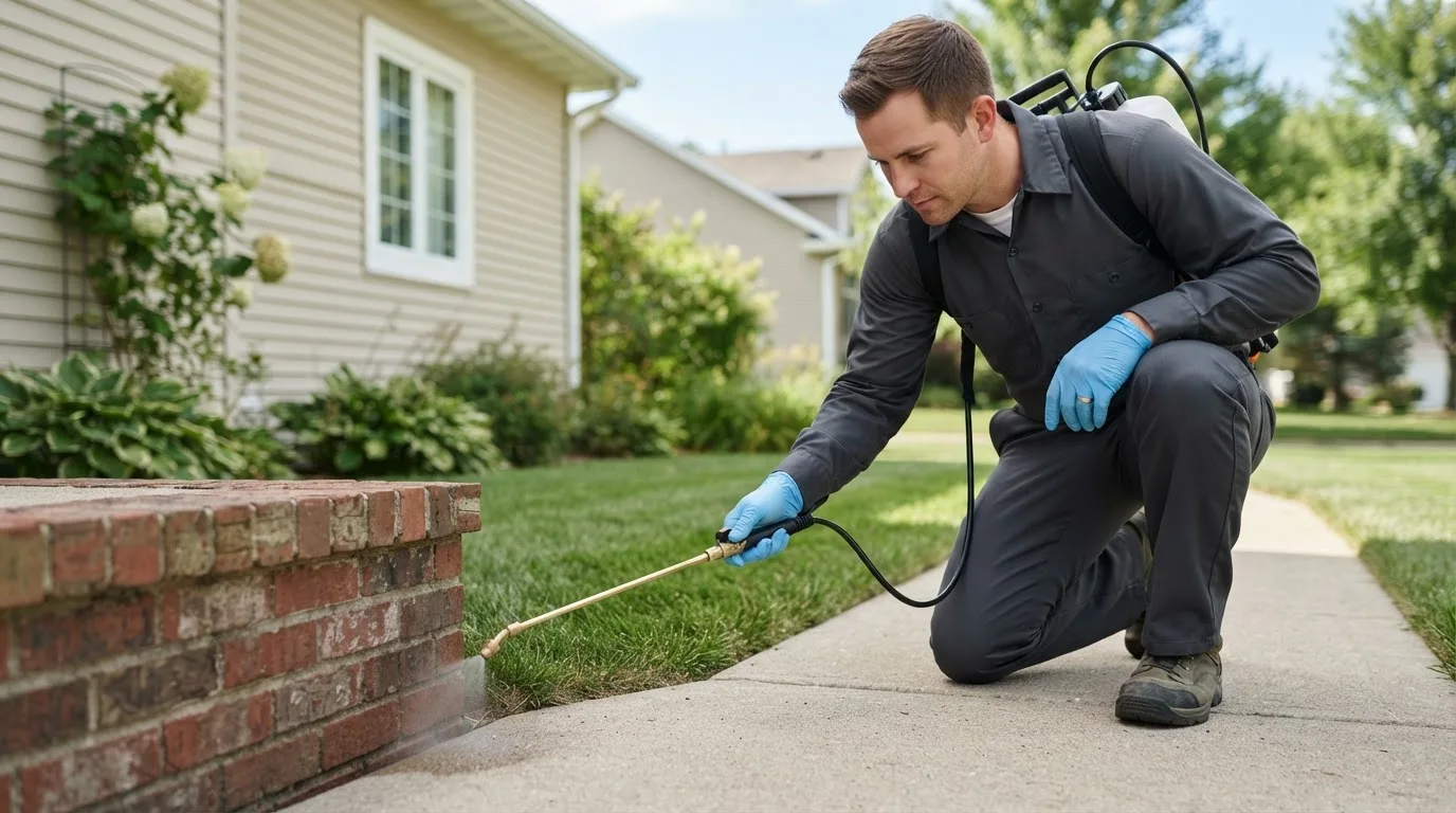 Pest control technician treating a home near Sandusky, MI